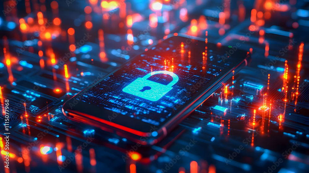 Poster modern smartphone displaying digital lock symbol over glowing circuit board background representing 