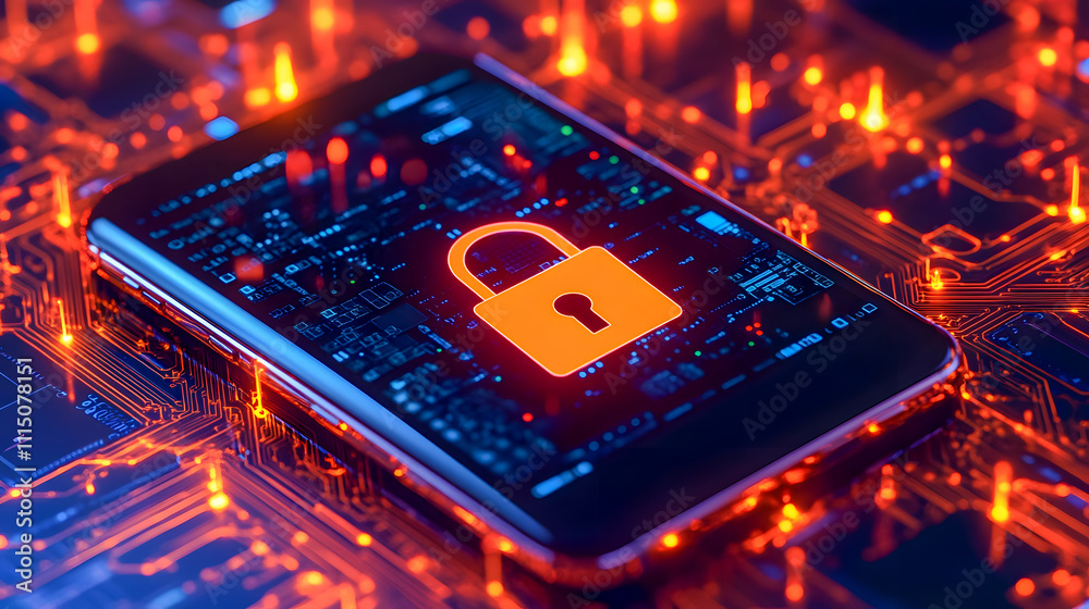 Poster Mobile Device Security Concept with Digital Lock Symbol on Smartphone Surrounded by Circuit Board Patterns and Glowing Technology Elements
