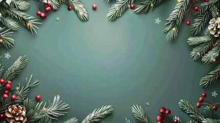 Fototapeta premium Festive winter border with pine branches, berries, and pinecones on a teal background.