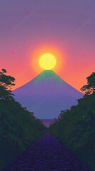 A serene sunset over a mountain, surrounded by lush greenery, evoking tranquility and beauty.