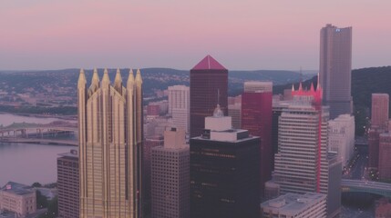 Obraz premium A skyline view of a city at dusk, showcasing modern architecture and vibrant colors.