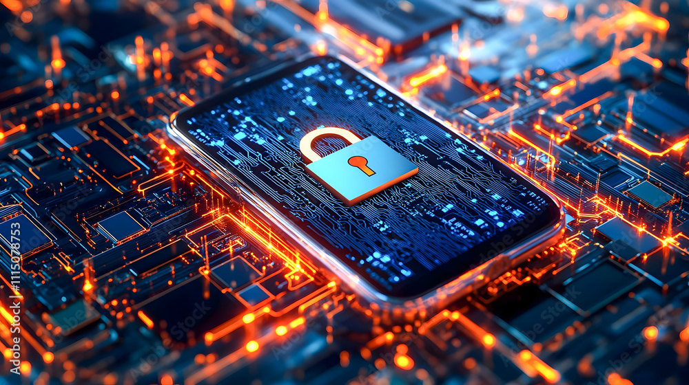 Poster secure smartphone with digital lock symbol on glowing circuit board background, representing data pr