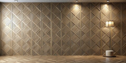 Obraz premium Elegant geometric wood paneling wall with floor lamp and pedestal