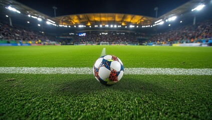 Naklejka premium Soccer Ball on Green Field, Stadium Lights Gleam Brightly at Night, Awaiting the Kickoff. Exciting Game.
