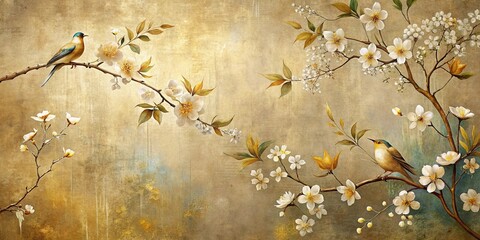 Fototapeta premium Elegant Avian and Blossom Artwork on Antique Textured Background