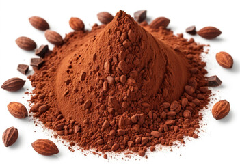 Pile cocoa powder isolated on white background chocolate cake on white
