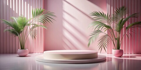 Obraz premium Pastel Pink Room with Two Plants and Circular Display