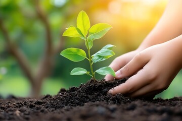 Hands planting a young sprout in rich soil.