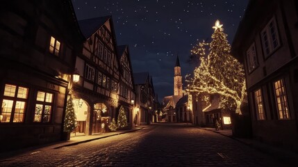 Obraz premium Cobblestone streets come alive under a starlit sky, illuminated by the warm glow of festive decorations. Charming buildings surround a beautifully lit Christmas tree, creating a magical ambiance