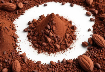 Pile cocoa powder isolated on white background chocolate cake on white