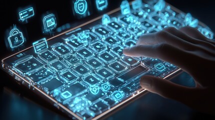 A futuristic, glowing keyboard with interactive icons, as a hand hovers above, symbolizing advanced technology and digital interaction.