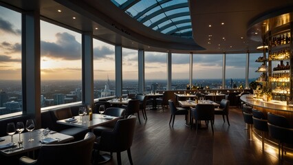 Panoramic city skyline view from a modern rooftop restaurant with a bar and tables.