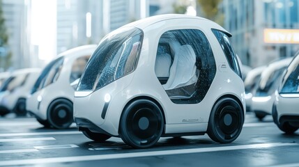 Obraz premium A futuristic, compact electric vehicle navigates a modern cityscape, showcasing innovation in urban transportation and sustainable design.