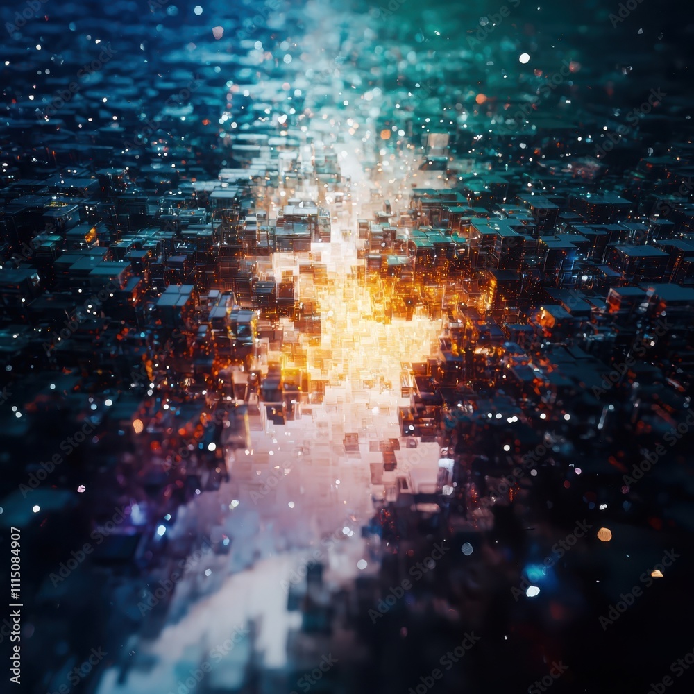 Poster visualizing quantum computing exploring luminescent fractal data patterns in a microscopic digital l