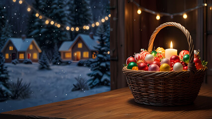 Naklejka premium a cozy and festive scene featuring a basket filled with colorful candies and candy canes placed on a wooden table With christmas background theme