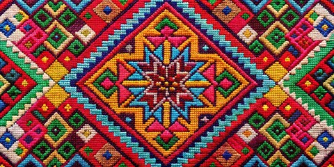 Vibrant beaded textile with intricate geometric patterns and colorful designs