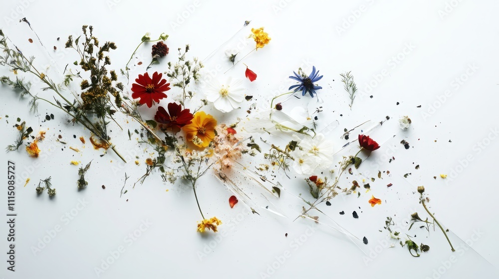 Poster overlapping botanical study of pressed flowers nature studio layered depth microscope view diagonal 