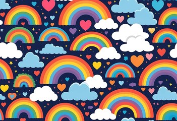 Obraz premium Cute seamless pattern with rainbow, star, hearts, cloud and desserts vector illustration.