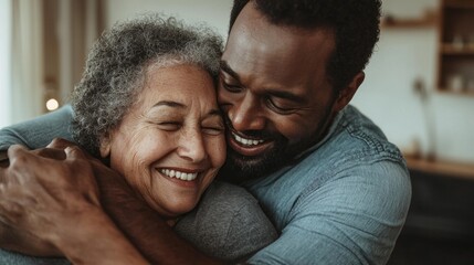 Obraz premium A dedicated male caregiver shares a heartfelt moment with a senior woman, showcasing joy and companionship in a comfortable living space filled with warmth and love