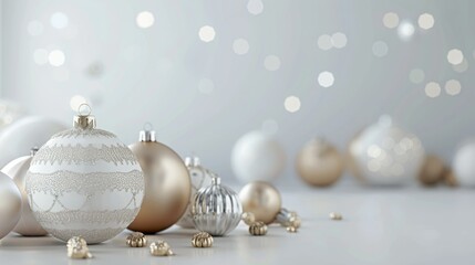 Elegant Christmas ornaments in gold and white create a festive scene.