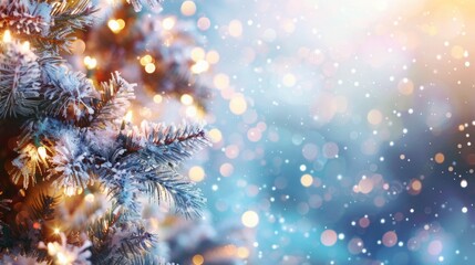 Fototapeta premium Frosted pine branches sparkle with warm lights, creating a magical winter scene.