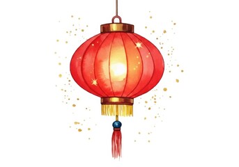 Obraz premium Watercolor Red Chinese Lantern with Gold Sparkles