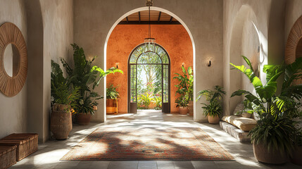 Fototapeta premium Boho Mediterranean interior design of modern hall with arched walls