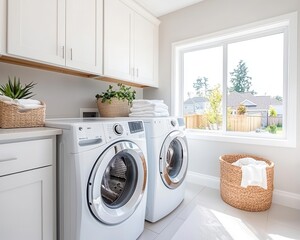 Bright laundry room with frontloading washer, folding table, and organized storage bins, Laundry room organization, modern and tidy