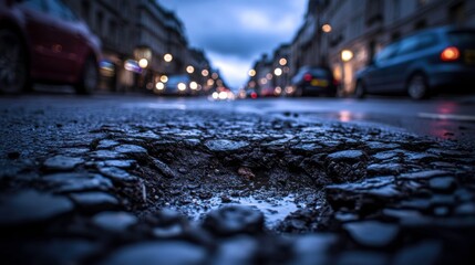 Close-Up View of a Pothole on a Busy Street
