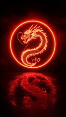 A mesmerizing neon dragon emblem, perfect for Chinese New Year celebrations or cultural events, bringing a sleek, modern aesthetic with ample copy space.