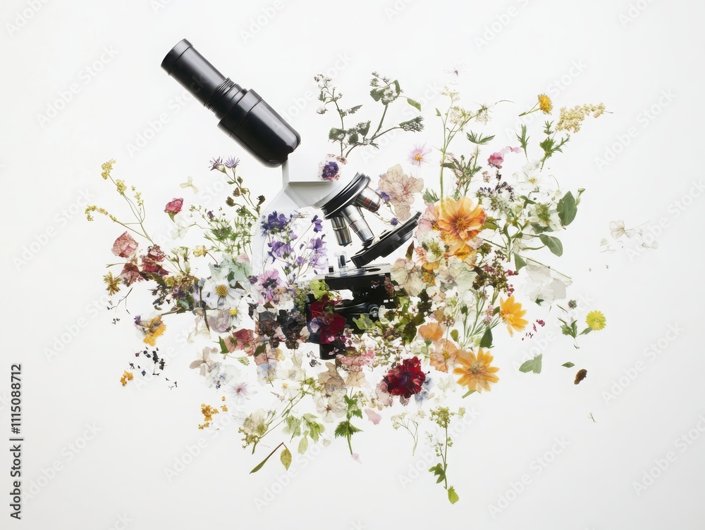 Poster exploring botanical layered complexity under microscope pressed flowers and central focal point in a
