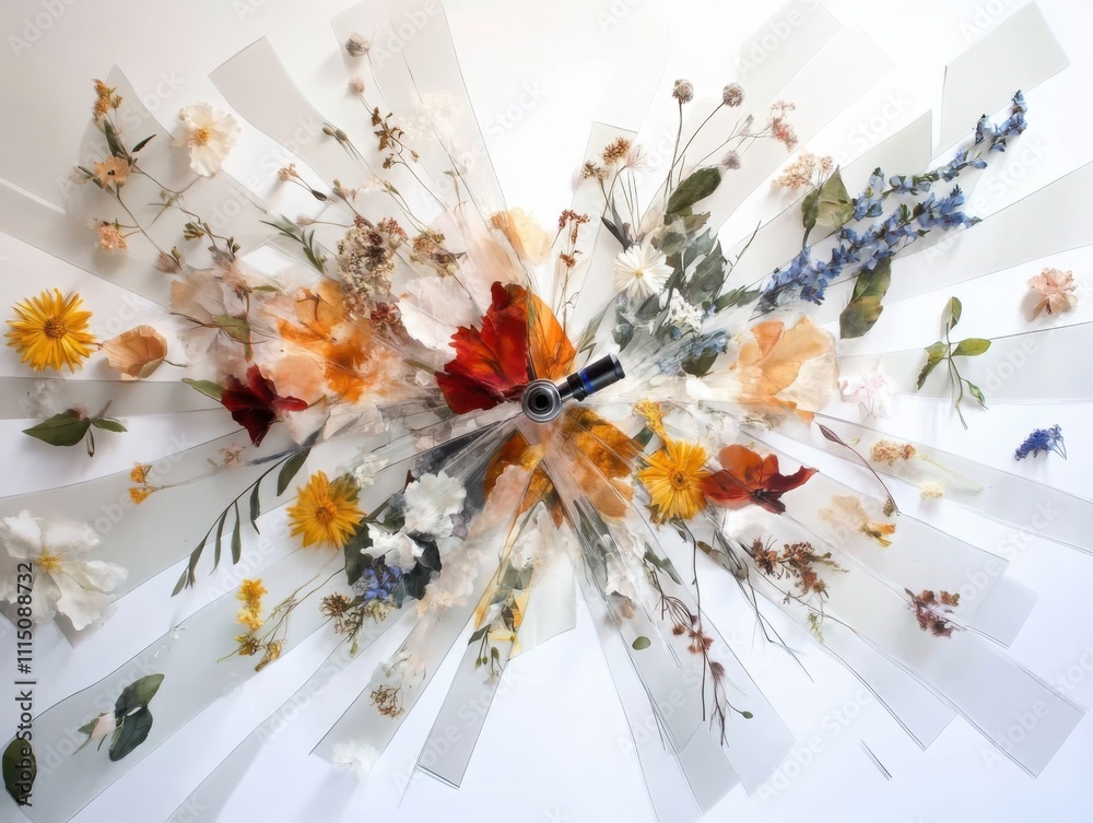 Poster creating botanical layered complexity with microscope diagonal brushes and pressed flowers in spatia