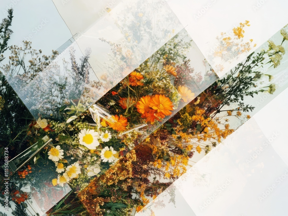 Poster creating botanical layered complexity with microscope pressed flowers and diagonal brushes filling s