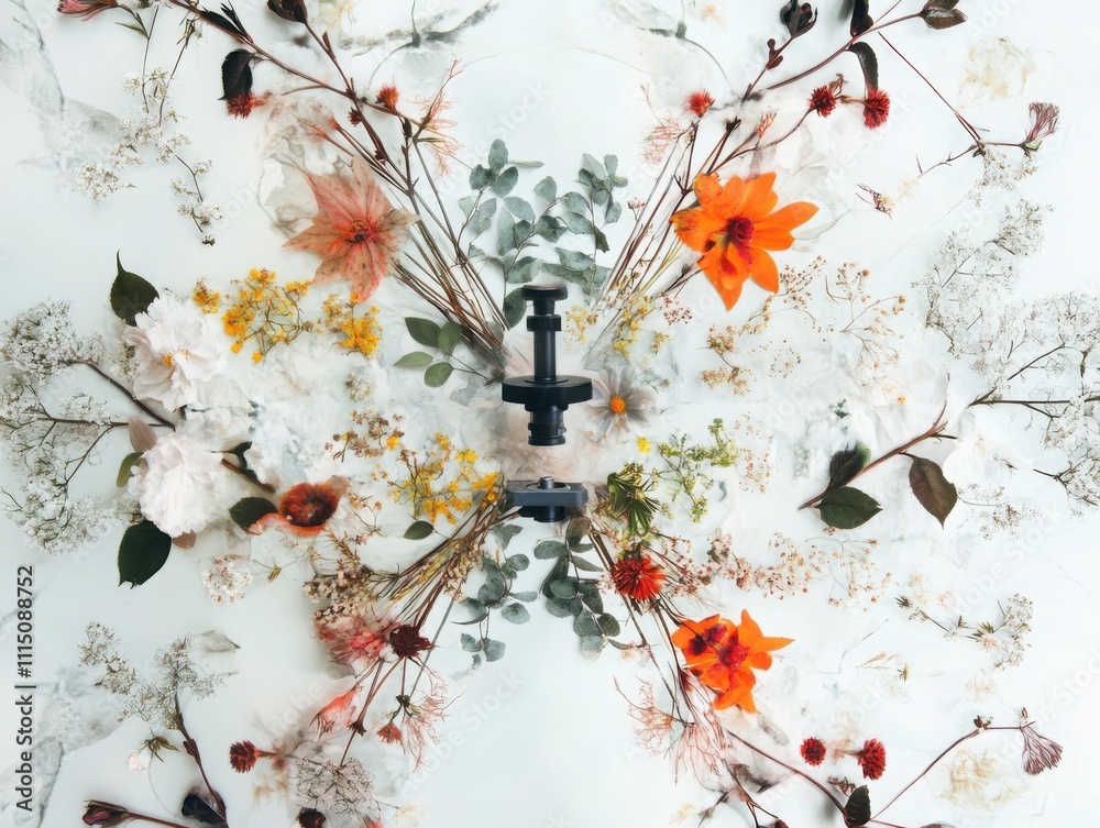Poster creating botanical layered complexity with microscope diagonal brushes of pressed flowers as central