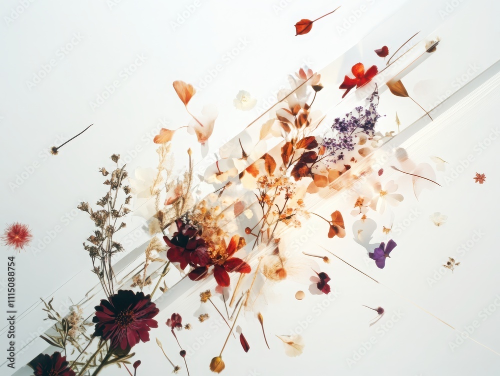 Poster exploring botanical layered complexity microscope perspectives on pressed flowers in a spatial compo