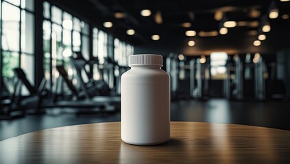 Gym Supplements: Fitness Bottle Mockup on Wooden Table in Modern Fitness Center
