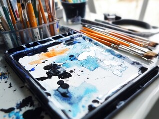 Obraz premium Creating ethereal watercolor art an artist's corner with brushes palette sketchpad and ink in a serene studio environment