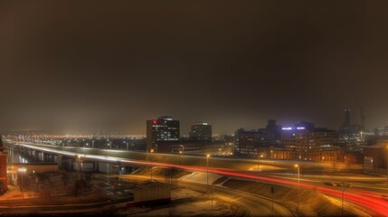 Obraz premium Night view of a cityscape with illuminated buildings and a highway.