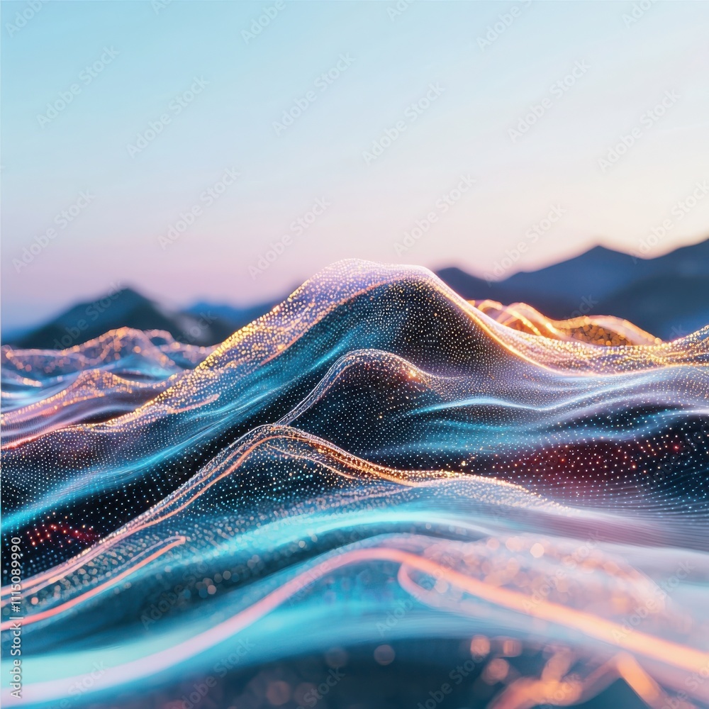 Poster abstract data visualization flowing digital streams in a macro environment with pastel gradients