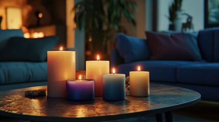 Cozy candlelit evening a collection of scented candles on a coffee table in a modern living room
