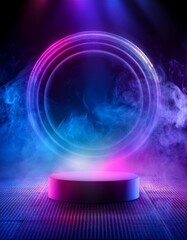 Abstract 3D Podium with Neon Spotlights and Smoke Effect, Futuristic Product Display Background