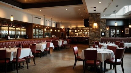 Modern upscale restaurant interior with booths, tables, and bar area.