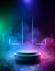 Abstract 3D Podium with Neon Spotlights and Smoke Effect, Futuristic Product Display Background