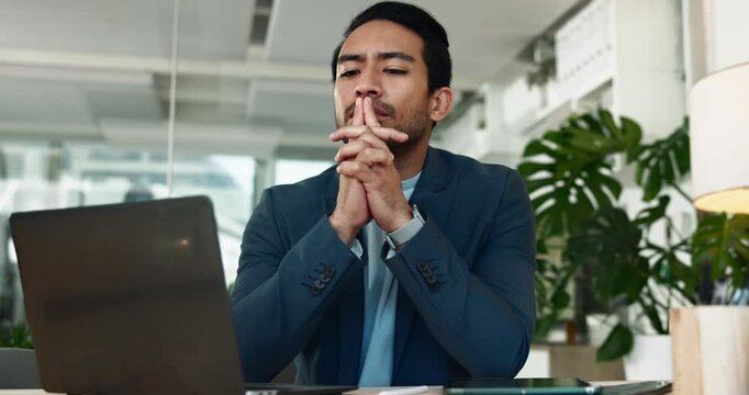 Nervous, businessman and thinking of laptop for stress, startup funding or performance review. Serious Asian person, scared banker or worry with technology for ideas, brainstorming or company risk