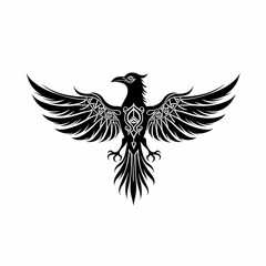 Obraz premium Symmetrical black raven tattoo art with spread wings and detailed patterns, symbolizing mystery and power.