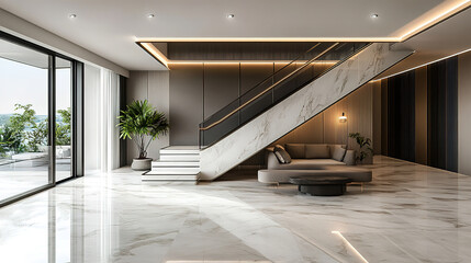 Fototapeta premium Contemporary Villa Entrance Hall Featuring Minimalist Staircase and Sleek Interiors
