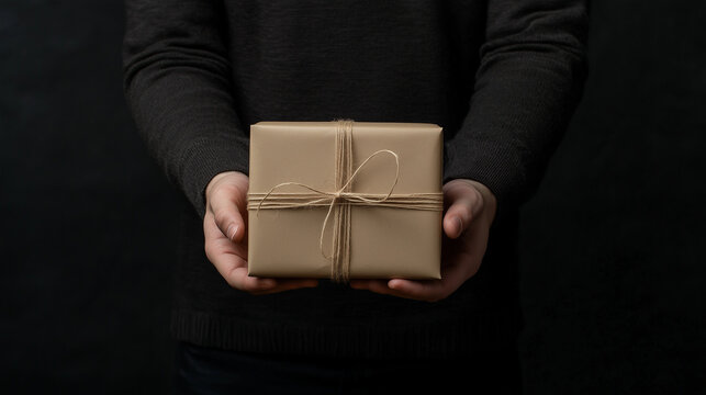 Gift of Appreciation: Hands offering a simply wrapped gift, a symbol of thoughtfulness and care.  The rustic kraft paper and twine add a touch of warmth and sincerity.