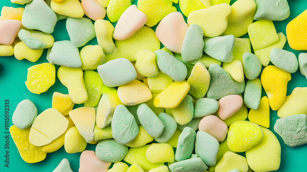 Poster a vibrant assortment of colorful pastel stones scattered on a turquoise surface, creating a playful 