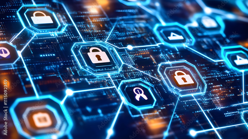 Poster a digital network illustration featuring interconnected nodes with padlock icons, symbolizing cybers