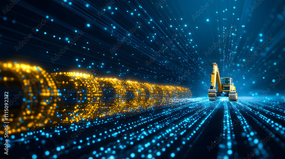 Poster a vibrant digital landscape showcasing flowing streams of blue and golden particles, evoking themes 
